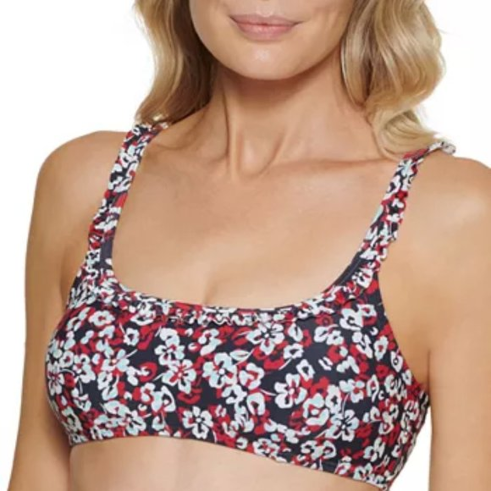 Tommy Hilfiger Hamilton Floral Ruffle Bralette Bikini‎ Top Navy Blue Scarlet L